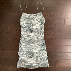 Et Clet Gray/Green and White Ruched Bodycon Mini Dress with Tiny Straps